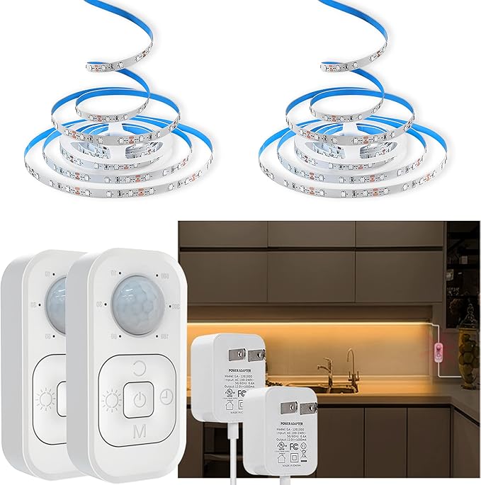 DGD Under Cabinet Lights - Plug-in Motion Sensor LED Strip Lights Indoor with UL FCC Approved Adapter, Dimmer and Timer for Kitchen Cabinet, Stairway, Bedroom 2 Pack