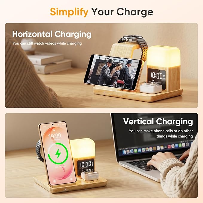 6 in 1 Wireless Charging Station for Samsung Android with Clock & Night Light，Alarm Clocks for Bedrooms,Wireless Charger Stand Beside Clock for Galaxy S26 S25 S24 Ultra Galaxy Watch Galaxy Buds