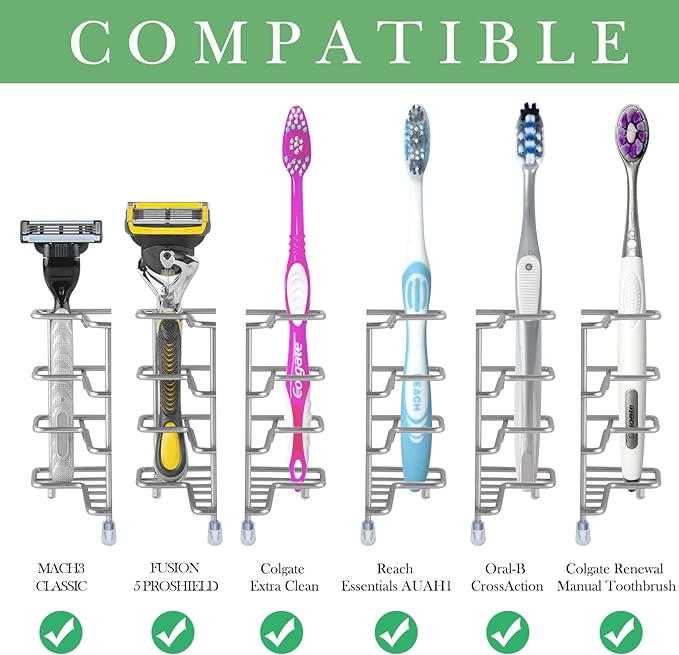 Linkidea Wall Mount Toothbrush Holder for Shower, Stainless Steel Toothpaste Stand, Self Adhesive/Countertop 3 Slots Organizer Compatible with Colgate Extra Clean, Oral-B CrossAction