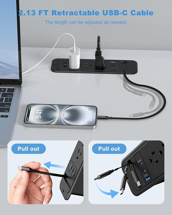 Recessed Power Strip with Retractable USB C Cable,2 PD 65W USB C Fast Charging,Flush Mount Countertop Drawer Outlet, Furniture Hidden Outlet for Side Table,End Table,3 Outlets (Black, 6FT-65W)