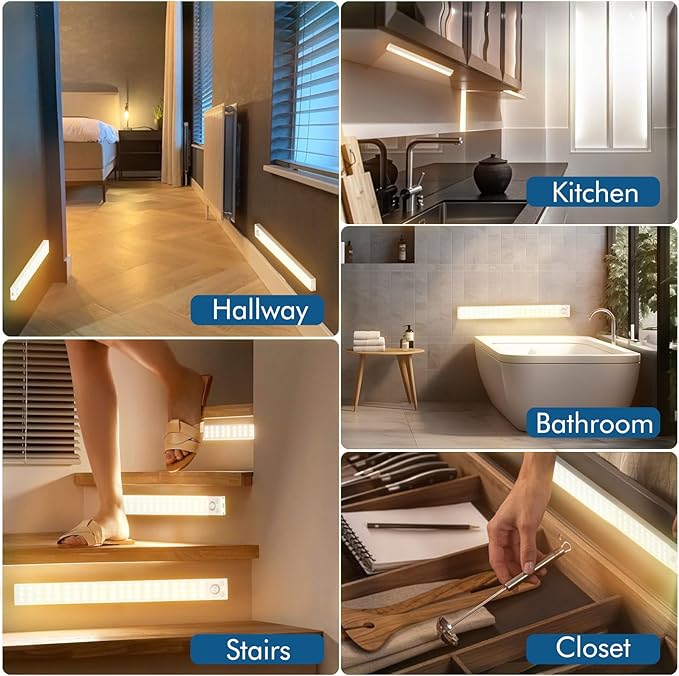 Under Cabinet Lights 14.5 Inch,Under Cabinet Lighting 63LEDS 2500mAh,Motion Sensor Light Indoor Rechargeable Battery Operated,Dimmable Under Counter Lights for Kitchen,Drawers,Wardrobe,Stair Bedroom