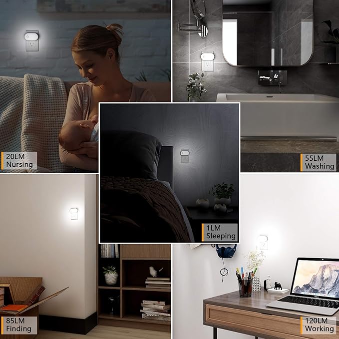 Lyridz 120LM Ultra Bright Plug-in Motion Sensor Night Light, Stepless Dimmable LED Nightlight, Always-On and Auto-Off, for Hallway, Stairs, Bathroom, Bedroom, Garage, Cool White (2-Pack)