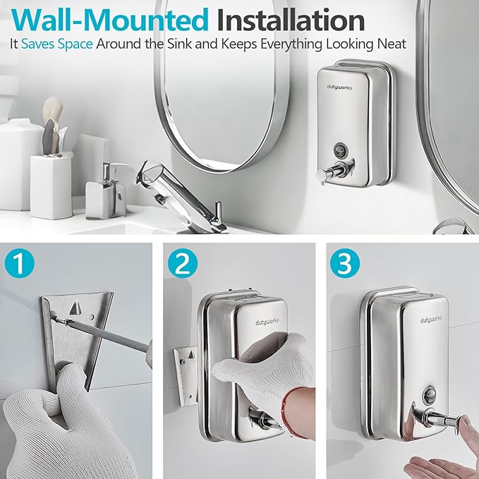 Stainless Steel Soap Dispenser - 800ml Large Capacity, Easy Wall Mount Installation, Soap Dispenser for Bathroom & Kitchen - Ideal for Commercial, Household, Office Use