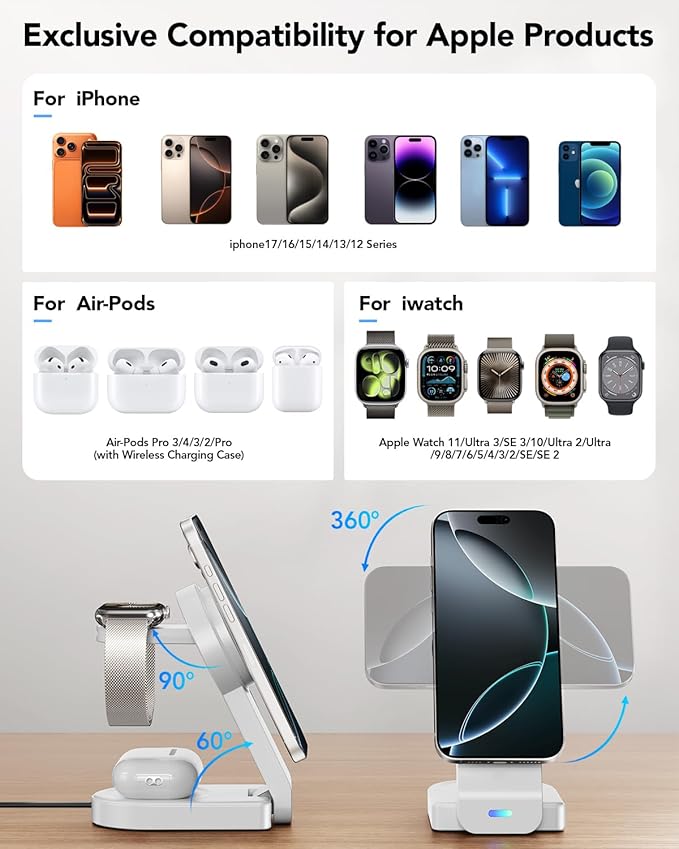 3 in 1 Wireless Charging Station Compatible with Apple,Foldable Magnetic Wireless Charger for iPhone 17/16/15/14/13/12,Apple Watch Series 11/Ultra 3/SE 3/10/9/8/7/6/5/4,Air-Pods Pro 3/4/3/Pro/2(White)