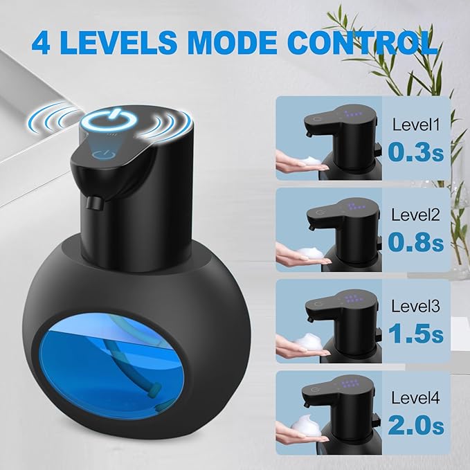 Automatic Foaming Soap Dispenser, 15oz/420ml Smart Hand Soap Dispensers, Touchless Wall Mount with 4-Level Adjustable, Rechargeable Foaming Hand Soap Dispenser for Bathroom Kitchen Office Black
