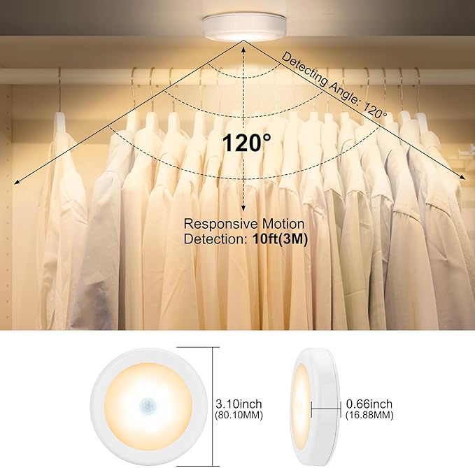 Mlambert 4 Pack Motion Sensor LED Night Light, Cordless Battery-Powered Stick-on Magnet Closet Lights, Safe Lighting for Stairs, Cabinet, Warm White