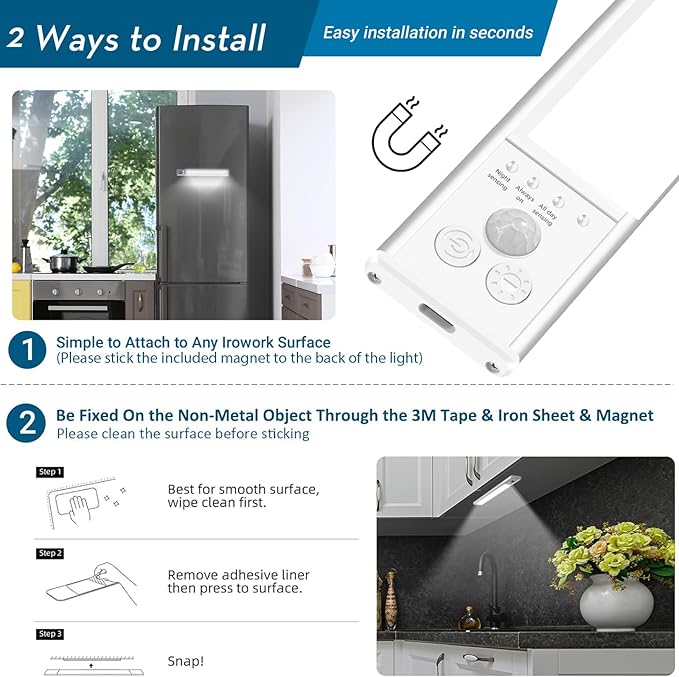 Under Cabinet Lighting Wireless, 60-LED Dimmable Motion Sensor Light Indoor, 12 inch 2000mAh Rechargeable Cabinet Lights, 3 Color Under Counter Lights for Kitchen (2 Packs)