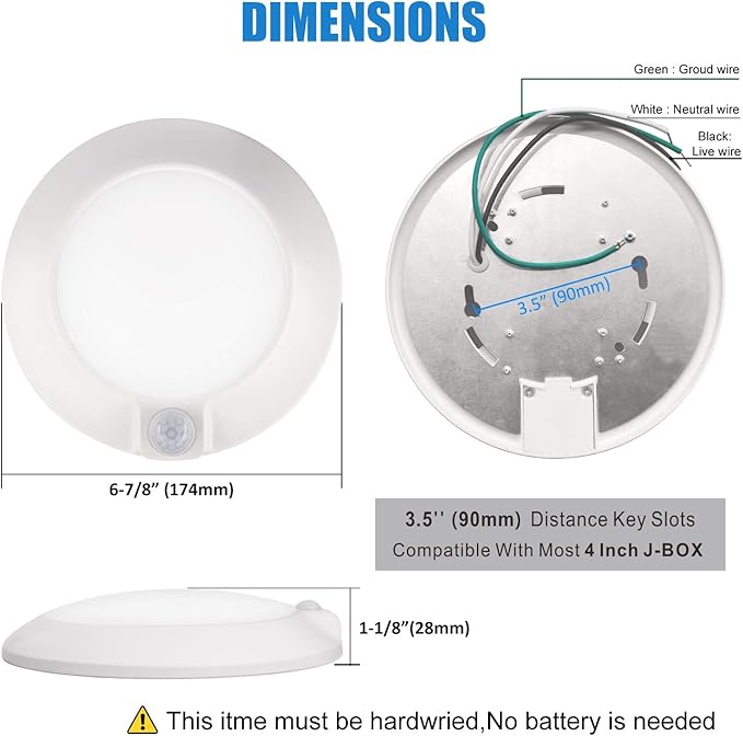 Closet Lights Motion Sensored Indoor Ceiling Mount LED- 10W 3000K Closet Stair Porch Ceiling Pantry Motion Activated Light, 6-7/8 Inch 90CRI 600lm Hardwire to Junction Box, No Battery, Damp Rated ETL