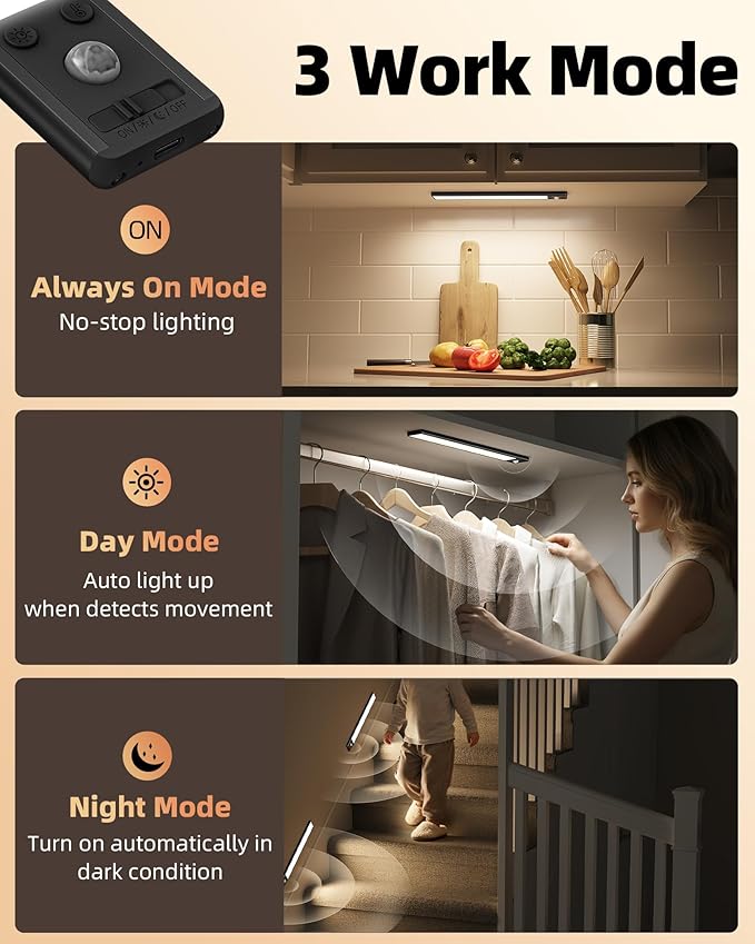 EZVALO Under Cabinet Lighting, 3500mAh Rechargeable Motion Sensor Light Indoor, 3 Color Temps, 5-Level Dimmable Magnetic Wireless Closet Lights for Kitchen, Stairs (Black, 2 Pack)