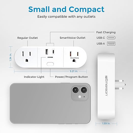 Emerson SmartVoice 4-in-1 Wall Plug, Voice Control Smart Outlet w/ 2 AC (1 Voice + 1 Always-On), USB-A & USB-C Ports, No WiFi, No App, Sleep & Wake Timer, ETL Listed