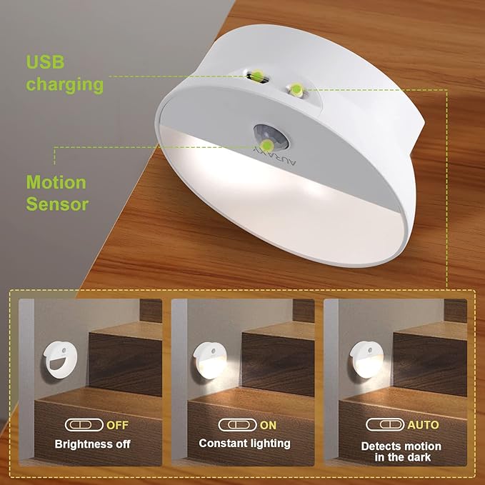 AURAXY Rechargeable Motion Sensor Night Light, Battery Night Lights LED Cool White Magnetic Stick-on Motion Sensored Hallway Light, with Dusk to Dawn Sensor for Stair, Wall, Bedroom, Bathroom(6 Pack)