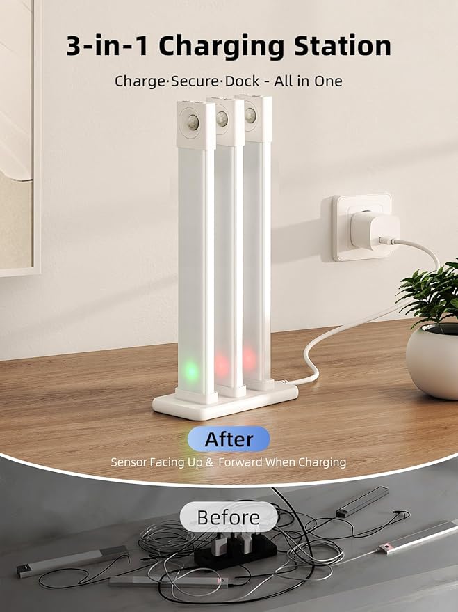 EZVALO 6 Pack LED Under Cabinet Lights Wireless with Charging Station, 11.8'' Motion Sensor Light Indoor, 1100mAh Rechargeable, 3 Color Temperatures, Dimmable Closet Lights for Pantry, Hallway, Stair