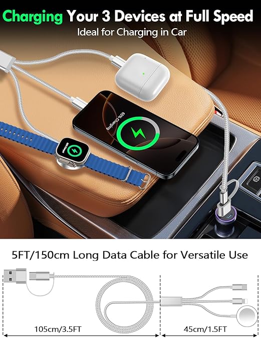 1Pack Multi Charging Cable Cord for Travel Essentials,Apple Watch Charger,iPhone Charger,[3-in-2] Type C/Lightning Cable Portable Designed for iWatch,iPhone 17-8,Galaxy S25-21,AirPods,iPad-1.5M White