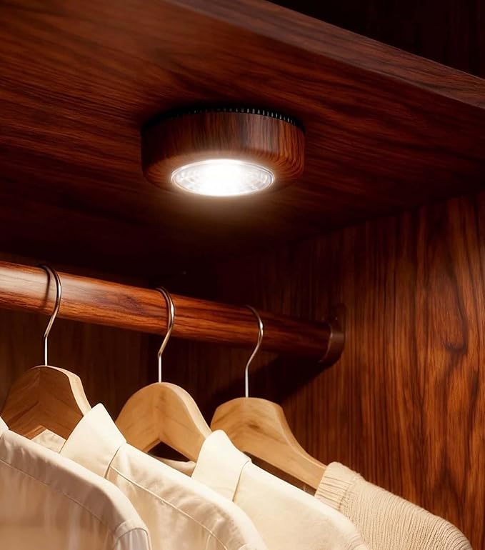 Wood Grain LED Puck Light, Wireless Tap Light Battery Operated, Stick On Push Lights, Under Cabinet Lighting for Closet, Wardrobe, Shelf, Showcase (6 Pack)