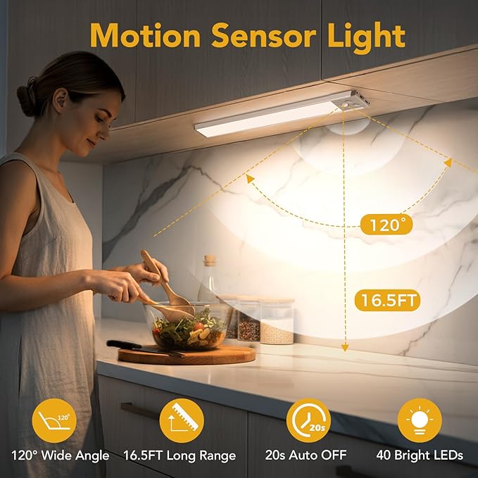 8.8 inch Under Cabinet Lighting, LED Motion Sensor Light with 3 Color Temps, 1500mAh USB Rechargeable Closet Lights, Dimmable Wireless Under Counter Lights for Stairway, Wardrobe, Kitchen(2 Pack)