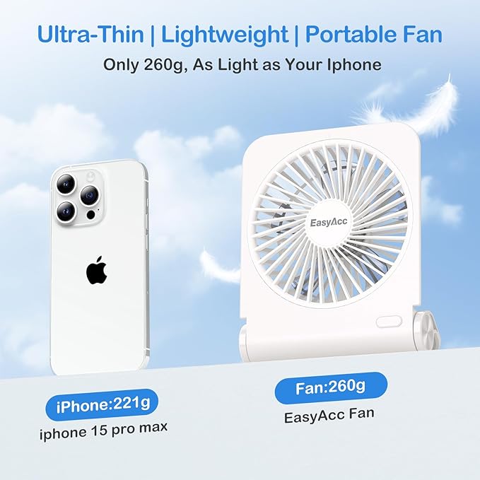 EasyAcc Small Travel Desk Fan, 4000 mAh Slim Portable Fan for Slumber Pod Camping, 180°Tilt Folding, Fully Foldable, Rechargeable, Office Desktop Desk Camping Travel Accessories