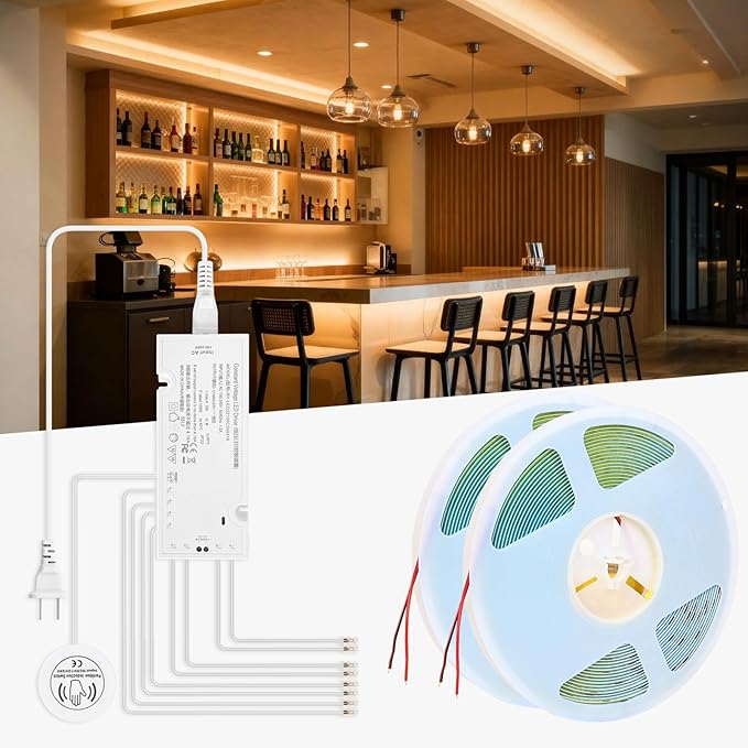 Under Cabinet Led Light Strip kit,2 Roll x 16.4ft Cuttable 3000K COB,Diffused Power with 8 JST & 2 Hardwired Outlets,Touch Sensor for Gun Safe Case,Book Shelf,Floating Shelf,Slat Wall Panel