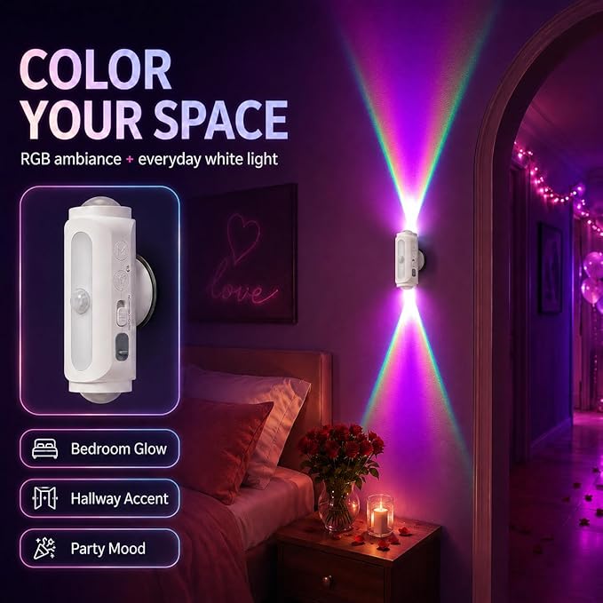 Motion Sensor Wall Light, Rechargeable Peel and Stick on Sconce Set of 2, Wireless No Drill RGB Wall Lamps, Magnetic Battery Operated Indoor Lighting for Hallway, Stairs, Bedroom, Bathroom, Bar Decor