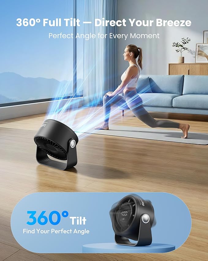 Gaiatop Small Desk Fan Rechargeable, Quiet Personal Table Fan, Touch Control Display, 360° Tilt, 5-Speed Strong Wind, 4000mAh Battery, Small Fans for Bedroom Dorm Office, Gifts for Women Men, Black