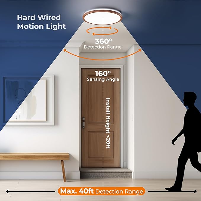 Matane Motion Sensor LED Ceiling Light with Remote, 12 Inch Wired Flush Mount Light 3000K 4000K 5000K, 2400LM Dimmable Motion Sensor Light Indoor for Closet Hallway Laundry Stairs Walnut Wood Grain