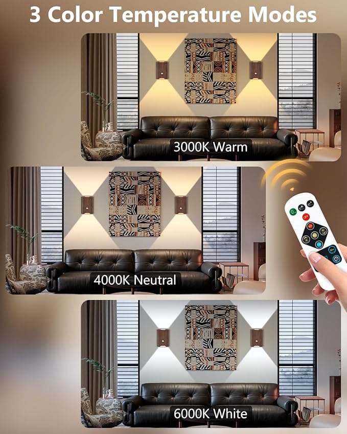 Rechargeable Motion Sensor Wall Sconce Set of 2 – 5000mAh Wireless Battery Operated Wall Light Indoor, 3 Colors Up/Down Lighting Magnetic Night Light with Remote Control for Bedroom, Hallway (Walnut)