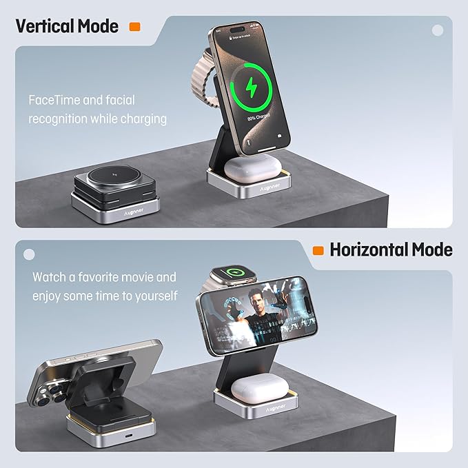 【2026 Upgraded】 Wireless Charger 3 in 1, Foldable Wireless Charging Station with Light for Apple Magnetic Charger, Travel Magnetic Charger Stand, Nightstand Fast 15W Charging Station (20W Adapter)