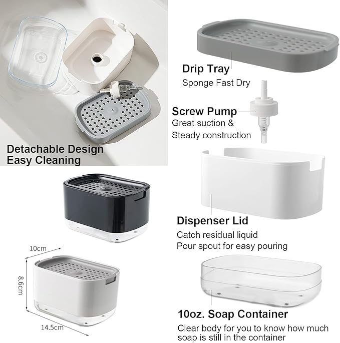 10oz Dish Soap Dispenser for Kitchen Sink with Sponge Holder Push Down Pump Soap Dispenser Kitchen Premium Quality Sink Dish Washing- Black