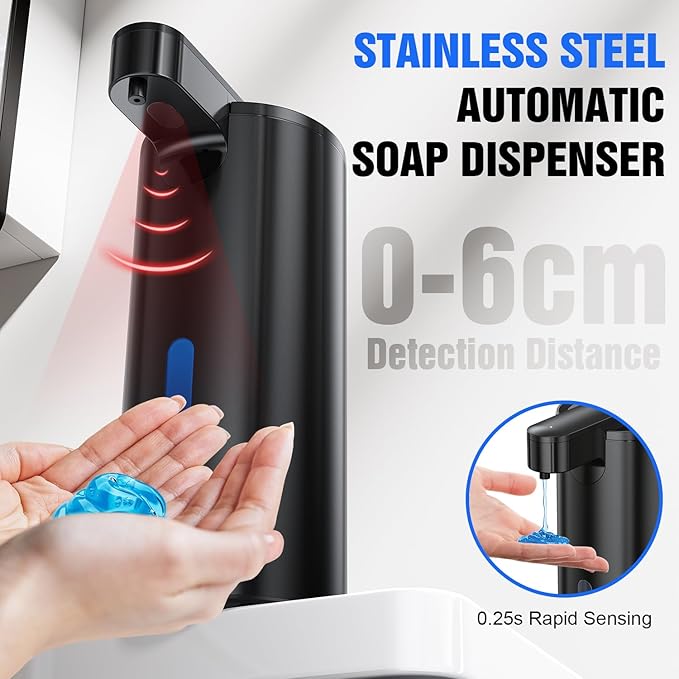 Fantictas Automatic Soap Dispenser Touchless, Stainless Steel 11.5 oz 3 Levels Adjustable Hand Soap Dispenser with Rechargeable Sensor Pump for Kitchen & Bathroom Liquid Soap, Black