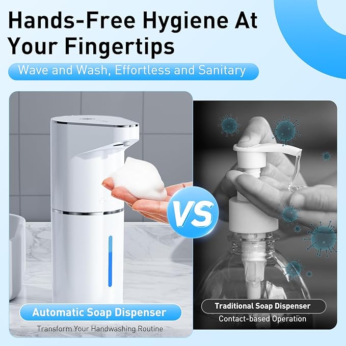 Fantictas Automatic Soap Dispenser,Touchless Hand Wall Mount Rechargeable 3 Gear Adjustable Electric Soap Dispenser 350ml with Infrared Motion Sensor for Bathroom,Kitchen,Office, White Foam