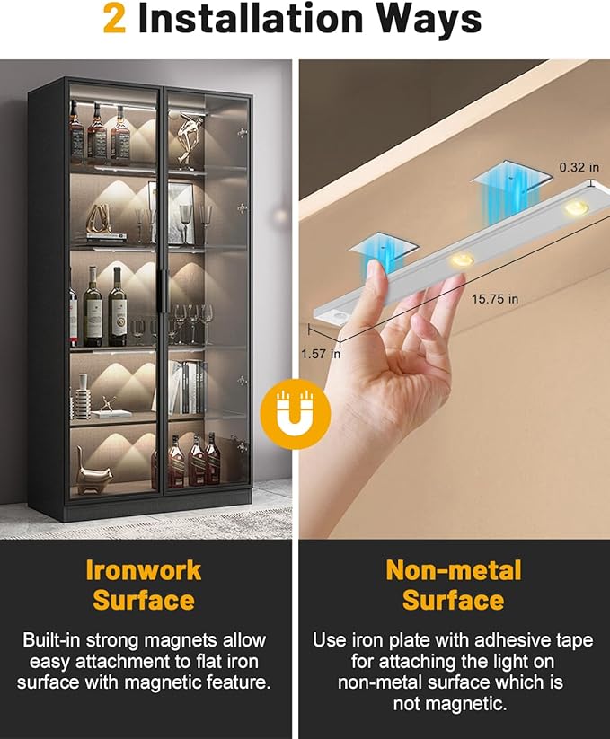 Pak Under Cabinet Lights, Rechargeable Motion Sensor Light Indoor, Wireless and 3-Color Dimmable with Cat’s Eye Hill Effect, for Display Cabinets, Showcases, Wine Racks, 2 Pack, Silver