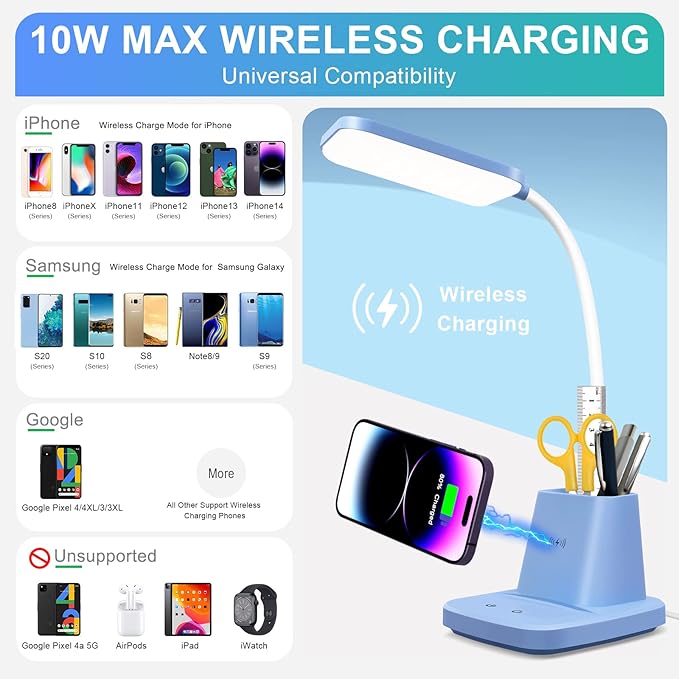 Small Desk Lamp, Blue Desk Lamp with Pen Holder, Wireless Charger LED Desk Lamps for Home Office, 800LM Flexible Arm 3 Modes Dimmable Touch Cute Desk Lamps, Study Lamps for College Dorm Room