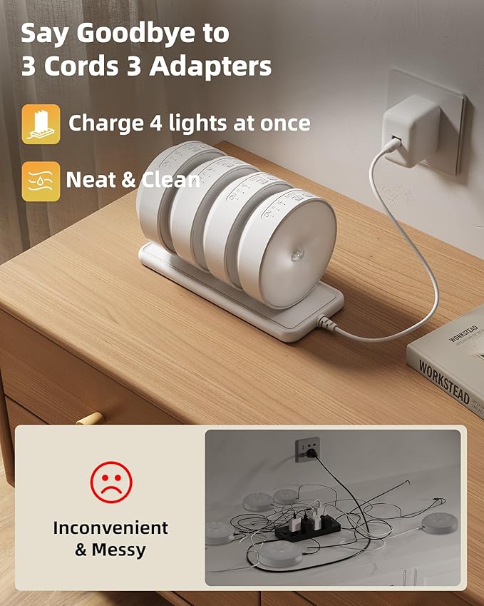 EZVALO 8 Pack Motion Sensor Closet Lights with Charging Station, 1200mAh Rechargeable LED Night Lights, Under Cabinet Lights, Puck Light, Dimmable, 3 Color Temps, Magnetic, Stick-On for Kitchen