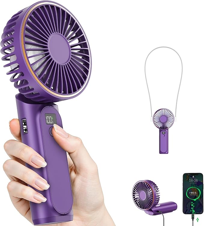 TUNISE Portable Handheld Fan, 4000mAh, 180 Adjustable, 6 Speed Wind, USB Rechargeable Foldable Fan with Real-Time Electricity Display