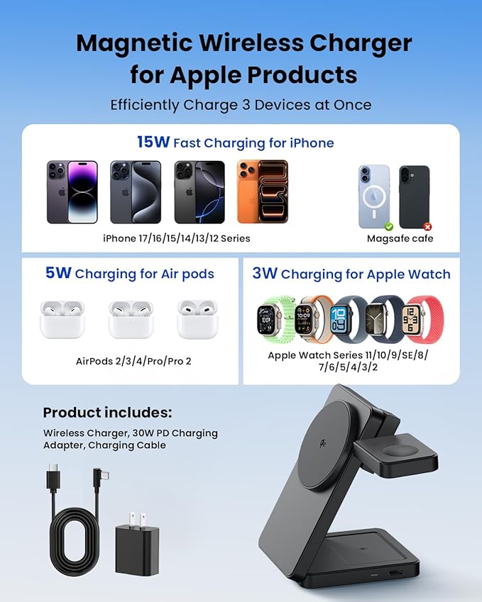 Magnetic Wireless Charging Station for Apple: Upgraded Certified 15W 3-in-1 Magsafe Wireless Charger Stand, Foldable Travel Fast Charger for iPhone 17 16 15 14 13 12 Series, Apple Watch, AirPods