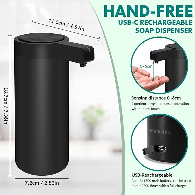 Automatic Soap Dispenser Stainless Steel with Sensor Infrared Soap Dispenser Electric IPX5 Waterproof USB-C Charging Motion Sensor for Kitchen & Bathroom (Matte Black - Wall Mount)