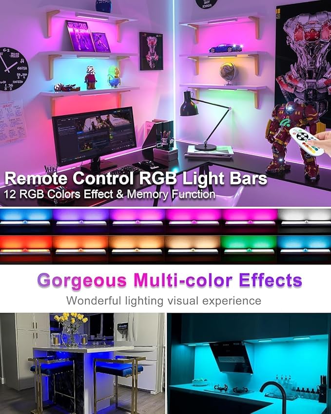 Diomart Under Cabinet Lighting, RGB Rechargeable Motion Sensor Light Indoor Night Lights, 58-LED Remote Control Under Counter Lights for Kitchen, Wardrobe, Hallway, Stairs, Desk (4 Pack)