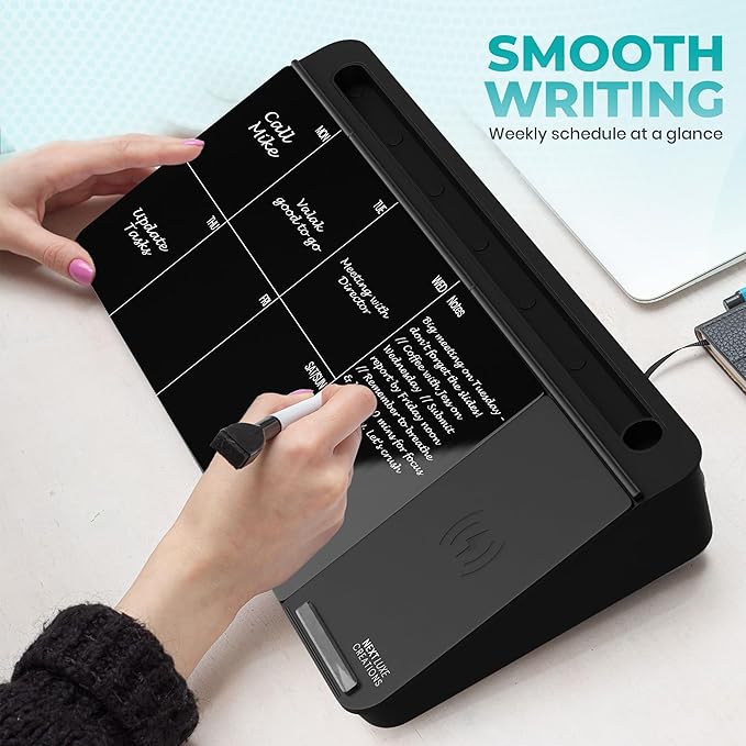 NEXTLUXE Glass Desk Whiteboard with Wireless Charger - Desktop Whiteboard with Storage, Weekly Planner, Dry Erase Pad, Organizer Drawer for Home, School, Office Gadgets – Black (Black)