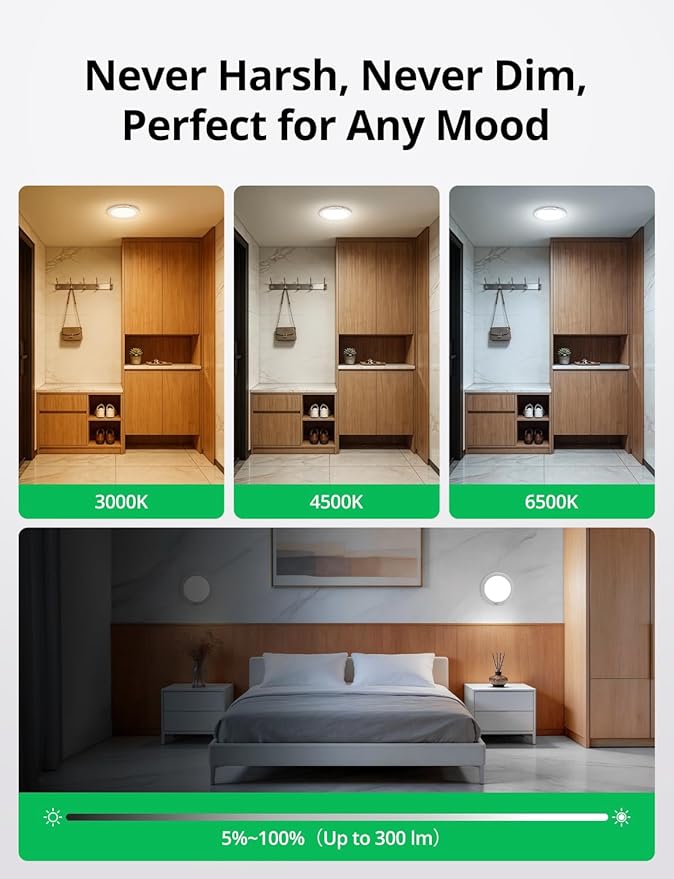 Bojim Rechargeable Ceiling Lights Wireless Waterproof Shower Lighting Inside, 3CCT & Dimmable Magnetic Motion Sensor Lights Battery Operated Closet Light No Wiring for Pantry Laundry 2 Pack