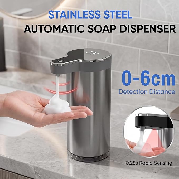 Touchless Foaming Soap Dispenser, 0.2s Sensor, USB-C Rechargeable, Clog-Free Pump, Adjustable Foam, Smudge-Resistant Stainless Steel, 300ml/10.1oz, IPX5 Water Resistant, for Kitchen & Bathroom