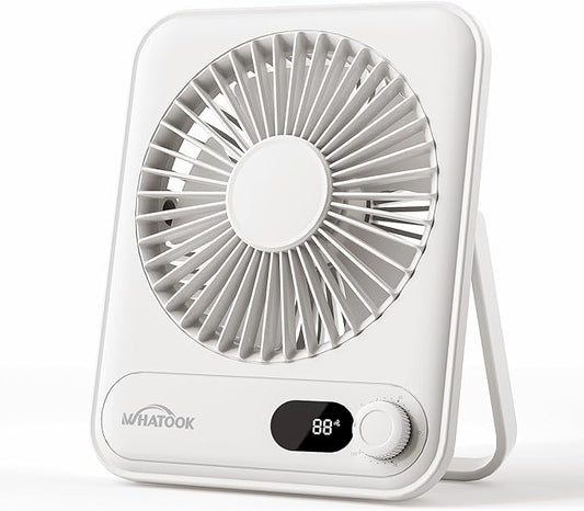 WHATOOK Small Desk Fan Personal Fans: 5000mah 25 Hours Battery Office Quiet Mini Desktop Fan Portable Rechargeable Travel Essentials (White, 5000 mAh)