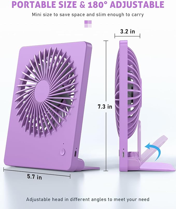 Zuvas Desk Fan Battery Operated Fan Rechargeable 180°Tilt Folding Personal Fan Ultra Quiet Small Portable 3 Speed Adjustable Strong Wind Fan For Office Bedroom Home Desktop Camping (Purple)