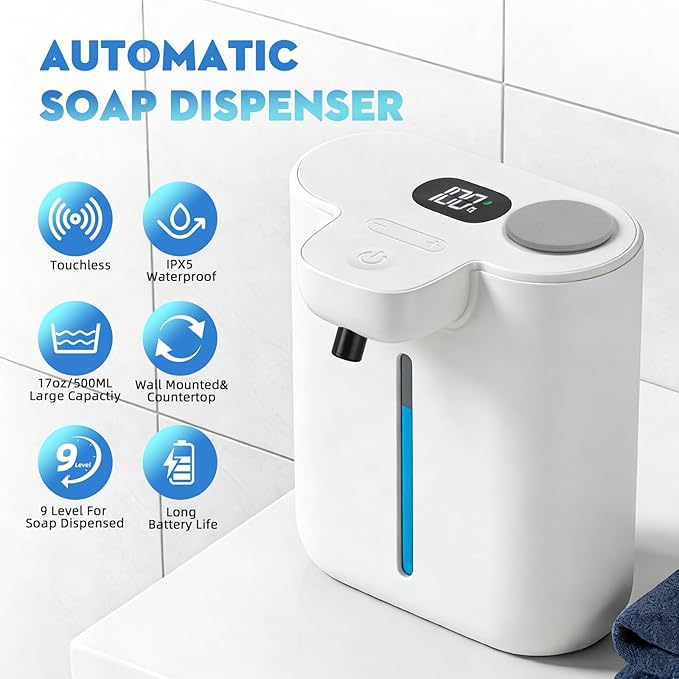 RYTOXILO Soap Dispenser Wall Mount, 9 Levels Automatic Soap Dispenser, 16.9oz/500ml Touchless Liquid Soap Dispenser for Bathroom, Plastic Electric Dish Soap Dispensers Wall Mount for Kitchen, White