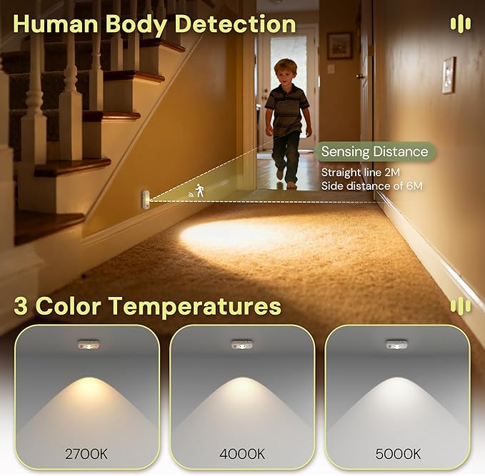 LOHAS 6-Pack Mini Rechargeable Motion Sensor LED Puck Lights, Stick-On Wireless Magnetic Night Lights, Adjustable Brightness, 3CCT, Dimmable Under Counter Lights for Drawer, Kitchen, Bedroom, White