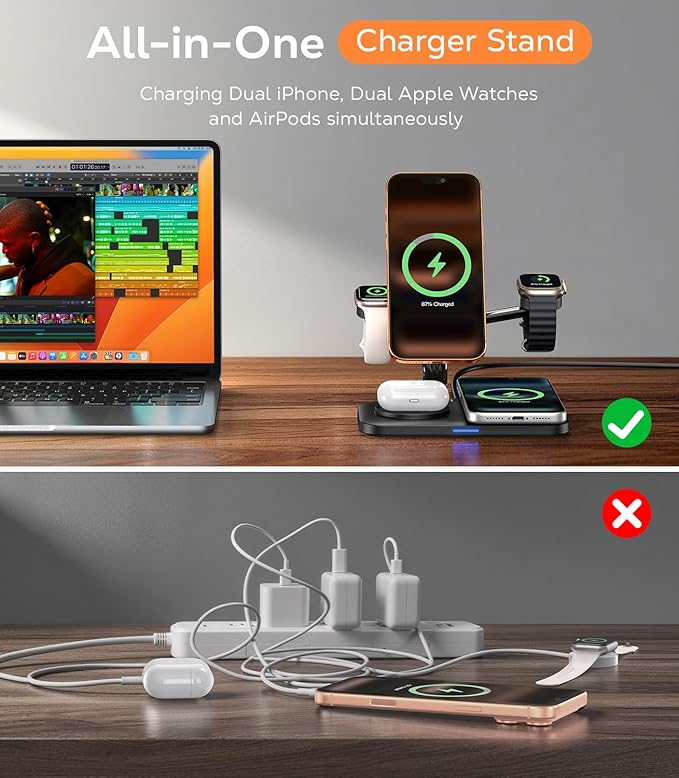 45W 5 in 1 Magnetic Charging Station for Apple Multiple Devices, Dual Phone & Apple Watch Charger Stand, Fast Wireless Charger for MagSafe Charger for iPhone 17-12 Series, for Apple Watch & AirPods