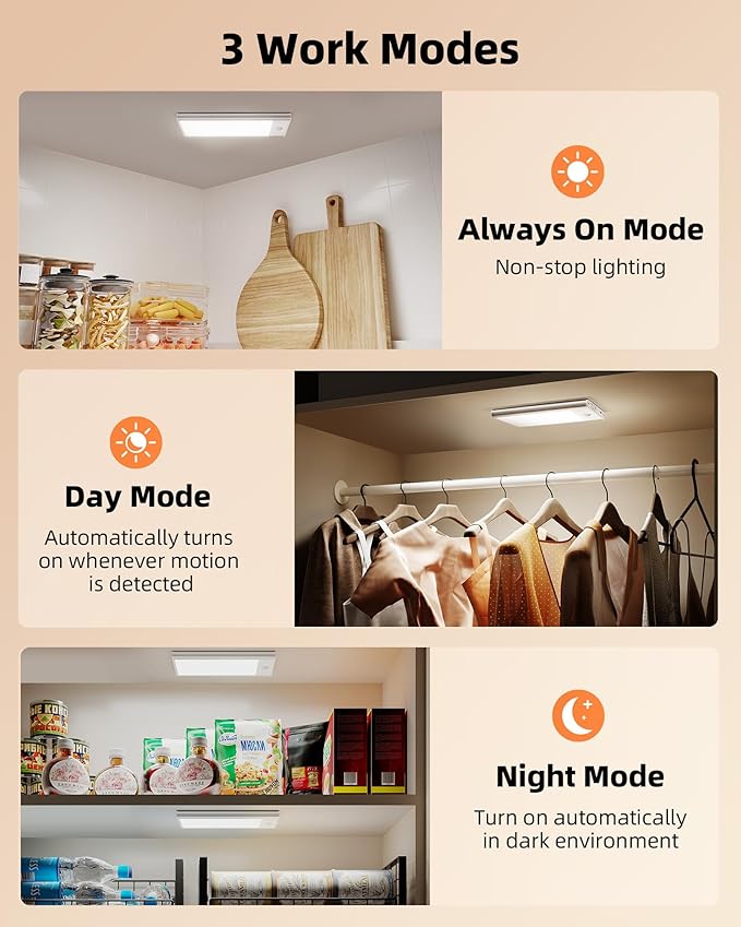 EZVALO 3000mAh Under Cabinet Lighting Wireless, 150LM Super Bright Motion Sensor Light, Rechargeable Under Counter Lights for Kitchen, Dimmable Closet Light with 3-Inch Ultra-Wide Panel 2Pack