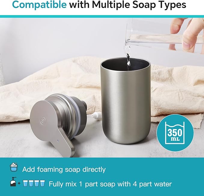 Automatic Soap Dispenser Stainless Steel Touchless Foaming Soap Dispenser for Bathroom Auto Rechargeable Hand Soap Pump (Silver)