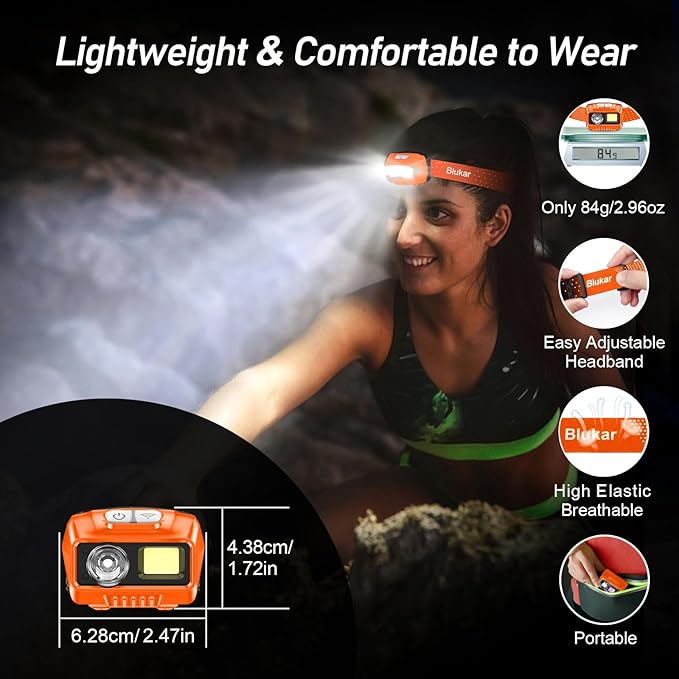 Blukar LED Headlamp,2000L Super Bright Rechargeable Headlight Flashlight with White&Red Light 2 Pack - Motion Sensor,Dimmable Brightness,8 Modes,Spotlight&Floodlight,IPX5 Waterproof for Camping-Orange
