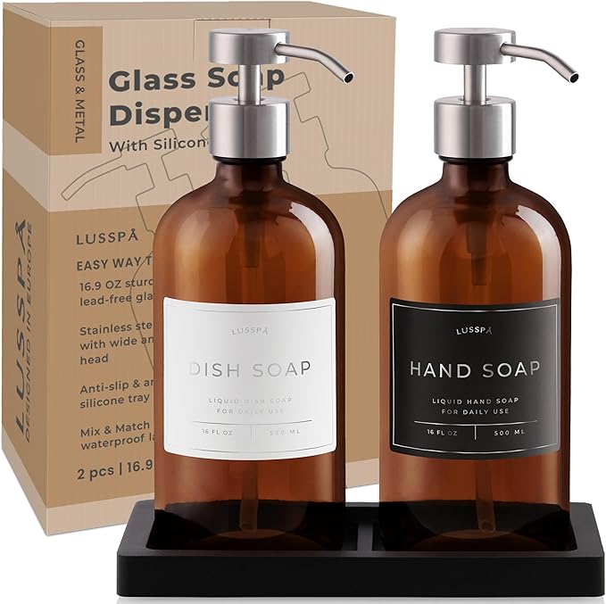 Glass Soap Dispenser Set of 2 (Amber) with Silicone Tray | Hand and Dish Soap Dispenser for Kitchen and Bathroom | 16.8 Oz Glass Bottles with Stainless Steel Pump & 15 Waterproof Labels (Amber/Silver)