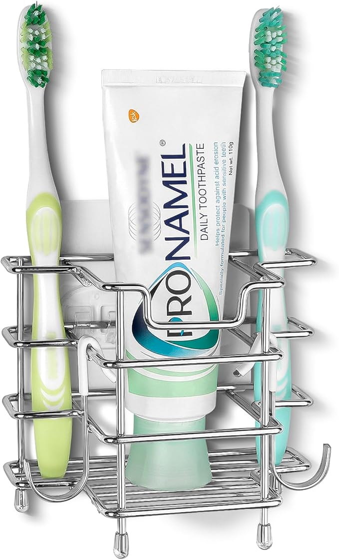 Linkidea Wall Mount Toothbrush Holder for Shower, Stainless Steel Toothpaste Stand, Self Adhesive/Countertop 3 Slots Organizer Compatible with Colgate Extra Clean, Oral-B CrossAction