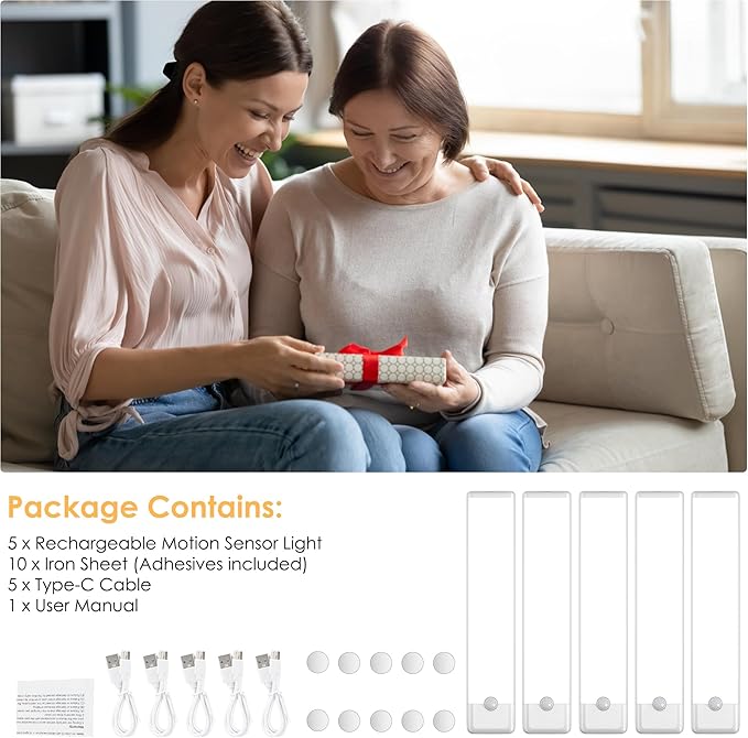 5-Pack Motion Sensor Under Cabinet Light, 3 Color Temperature Dimmable Rechargeable Magnetic Closet Light 7.9 inch Wireless Under Counter Light